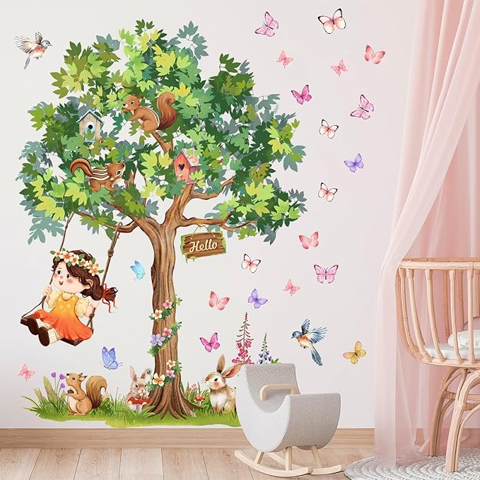 Amaonm Large Whimsical Tree Wall Decal with Woodland Animals, Birds, and Butterflies, Watercolor Green Tree Wall Sticker Decor for Girls Kids Bedroom Living Room Nursery Decoration (A)