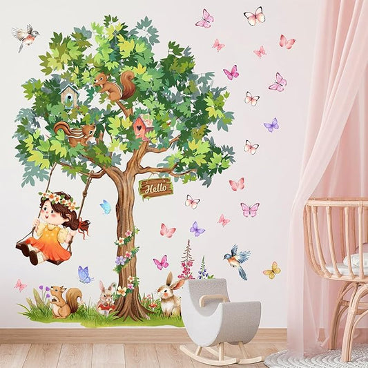 Amaonm Large Whimsical Tree Wall Decal with Woodland Animals, Birds, and Butterflies, Watercolor Green Tree Wall Sticker Decor for Girls Kids Bedroom Living Room Nursery Decoration (A)