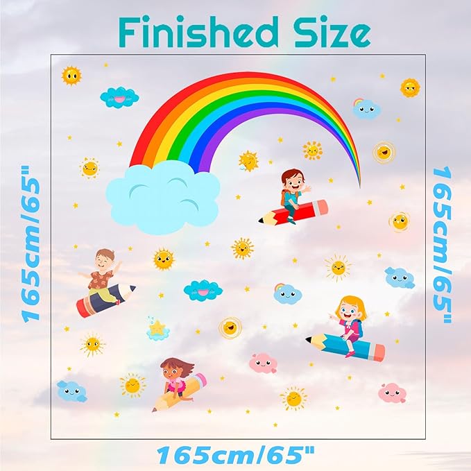 Rainbow Wall Decals Cloudy Sun Wall Stickers for Classroom, Watercolor Rainbow Cloudy Wall Decals Flying Girls Boys Wall Stickers Inspirational Art Murals for Nursery Playroom Kids Room