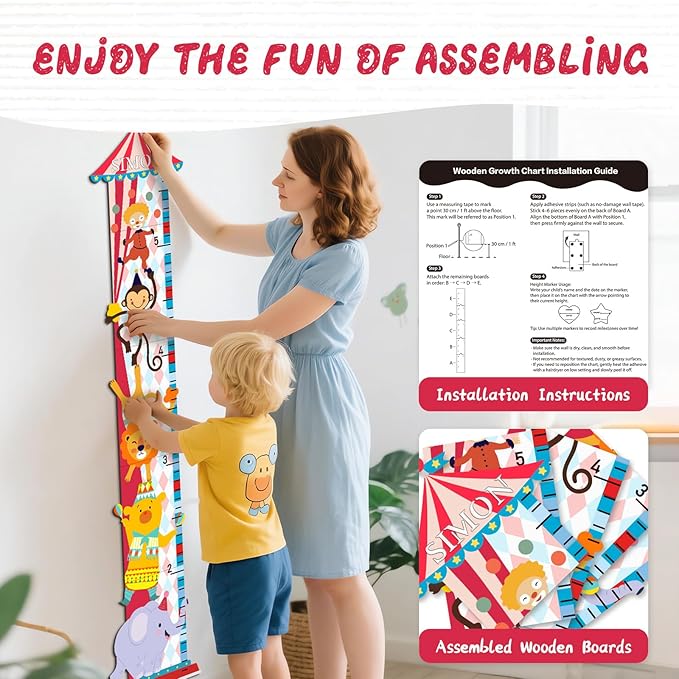 Personalized Growth Chart for Wall, Circus Animals Height Measurement for Kids, Wooden Growth Chart for Kids Room Nursery Wall Decor