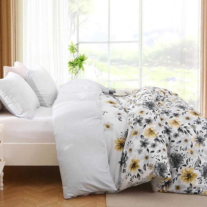 MUXHOMO Duvet Cover Queen Size, Reversible Floral Vintage Duvet Cover Set with Zipper Closure, 3 Pieces Botanical Patterns Soft Microfiber Bedding Set (90"x90", 2 Pillow Cases, Yellow Grey Flower)