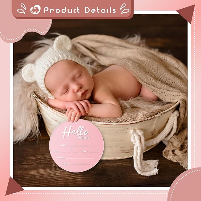 Baby Announcement Sign, 6.7 Inch Hello World Newborn Sign, Thickness Upgrade Baby Birth Sign for Nursery Hospital Newborn Photo Props Essentials (Pink)
