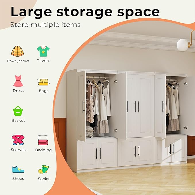 White Armoire Wardrobe Closet with 6 Door: Wood Wardrobe Closet Combination Cabinet Wooden Bedroom Armoire with Hanging Rods for Home/Bedroom/Living Room