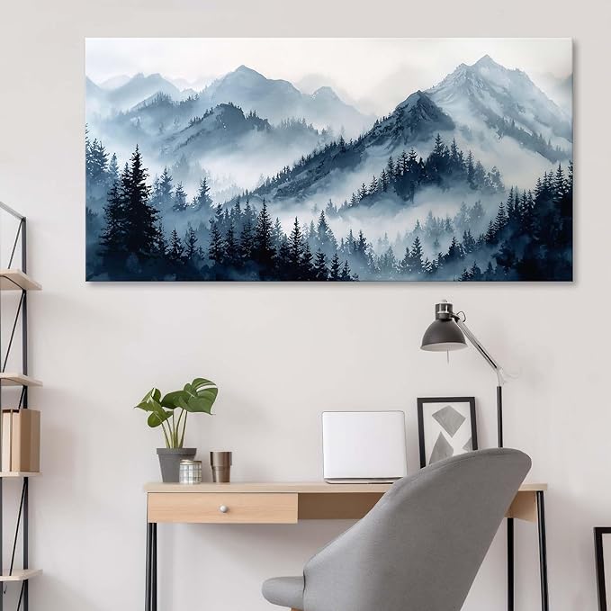 Blue Forest Canvas Wall Art Nature Foggy Mountains Landscape Pictures for Living Room Misty Watercolor Pine Tree Wall Decor Indigo Woodland Scenery Canvas Prints Artwork Office Home Decoration 12"x24"