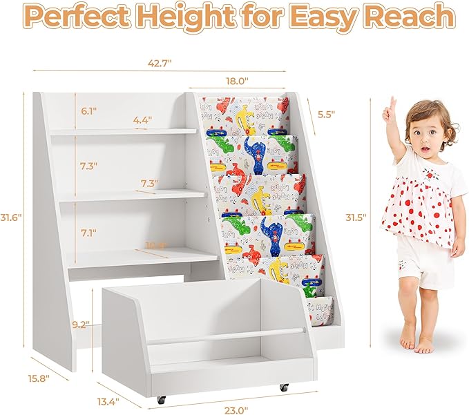 IRONCK Kids Bookshelf and Toy Storage, 42" Wide Large Toddler Bookshelf with Movable Drawer and 5 Sling Pockets, Montessori Book Shelf for Kids Rooms, 2 Pack