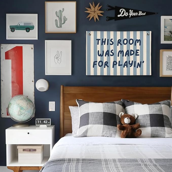 Playroom Decor, Toddler Boy Room Decorations Banner, Blue Striped Wall Flag for Kids Nursery Room Playroom Decor, 20x30 Inch