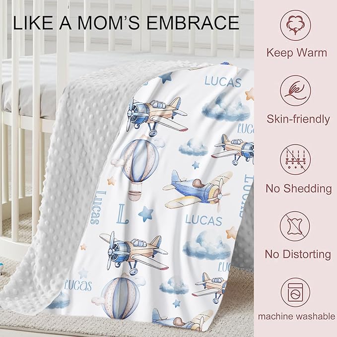 Personalized Crib Bedding Set for Boys Girls, Custom Baby Crib Sets with Name, Toy Airplane Design Nursery Bedding 2 Piece - Soft Blanket with Double Layer Dotted Backing, Crib Fitted Sheet