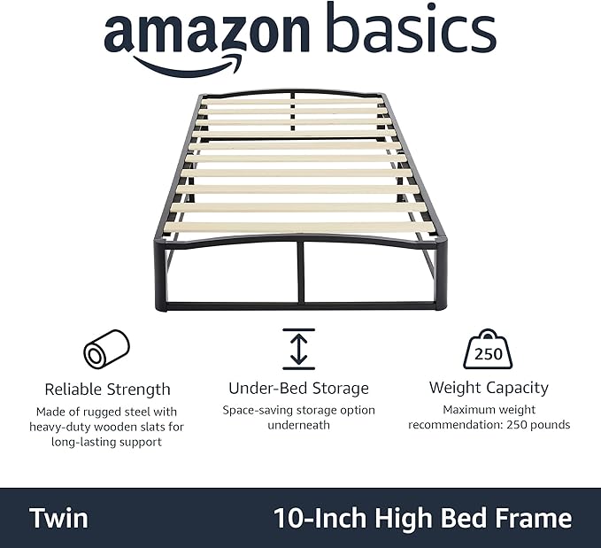 Amazon Basics Metal Platform Bed Frame, with Wood Slat Support, 10 inches High, Twin, Black