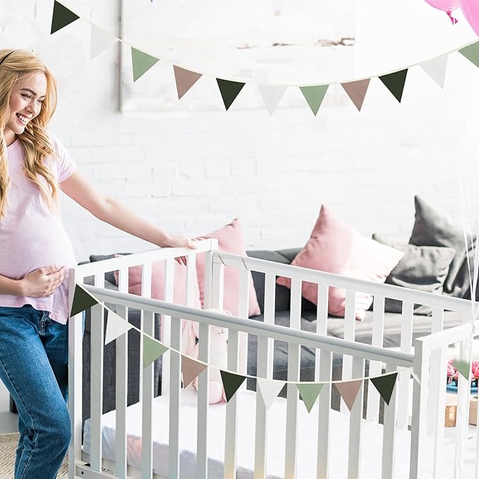 VitalCozy 17 ft Pennant Banner Flags 2 Pcs Boho Nursery Garland 5 Inch Triangle Bunting Banners Double Side Nursery Decoration for Boy Girl Toddler Baby Shower Birthday Wedding Party(Neutral Colors)
