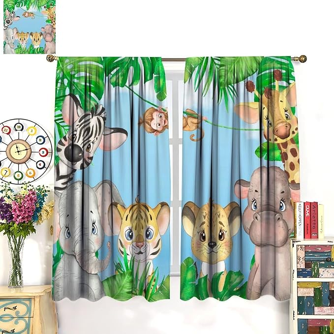 Kids Animals Blackout Curtains Watercolor Cartoon Cute Animals Green Jungle Art Printed for Children Girls Boys Bedroom Nursery Rod Pocket Decoration Window Drapes 2 Panels W21xL54in