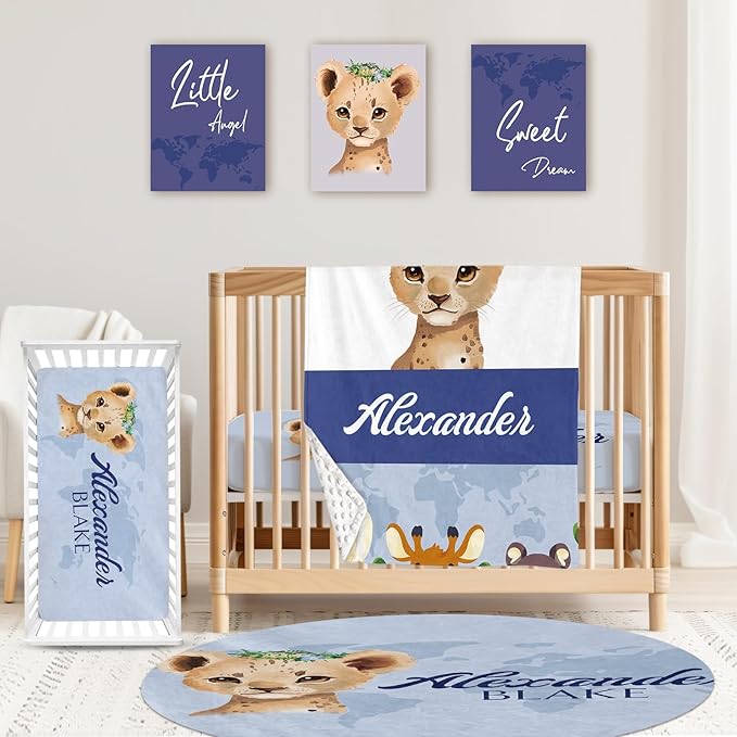 Custom Baby Crib Bedding Set,Personalized Name Blue Leopard Pattern Nursery Bed Set 4 Piece,Baby Blanket Fitted Sheet Nursery Rug Wall Art Set,Custom Room Decor Idea Gift for Newborns Boys Girls
