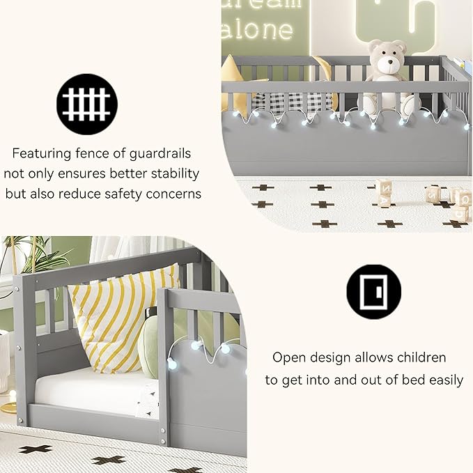 Twin Toddler Floor Bed with High Rails, Wooden Montessori Bed Frame with Light and Storage Shelf, Twin Size Bed Frame for Kids, Boys and Girls, Grey