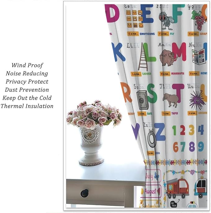 Alphabet Curtain for Kids Room ABC Letter Educational Learning Animal Number Printed Rod Pocket Blackout Window Drapes for Bedroom Playroom Classroom 55" W X 63" L