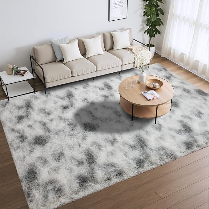 Merelax Large 6x9 Fluffy Soft Rugs for Livingroom Bedroom, Tie-Dyed White Grey Shaggy Area Rug, Abstract Fuzzy Plush Carpet Comfy Nursery Rug for Kids Dorm Indoor Home Decor Aesthetic