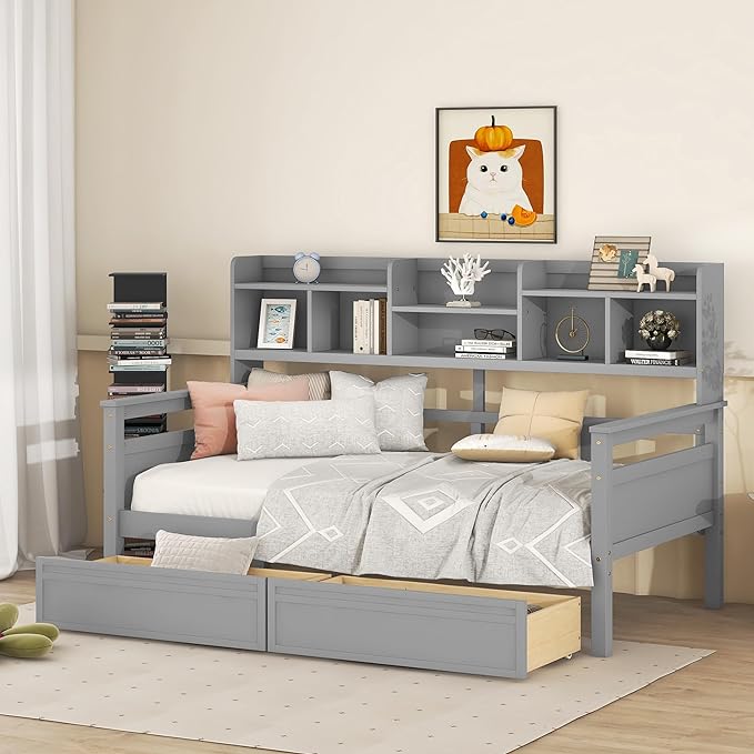 Harper & Bright Designs Twin Daybed with Storage, Wood Twin Size Bed Frame with Bookcase Headboard and 2 Drawers, Twin Sofa Bed with Shelves for Living Room Bedroom, No Box Spring Need, Grey