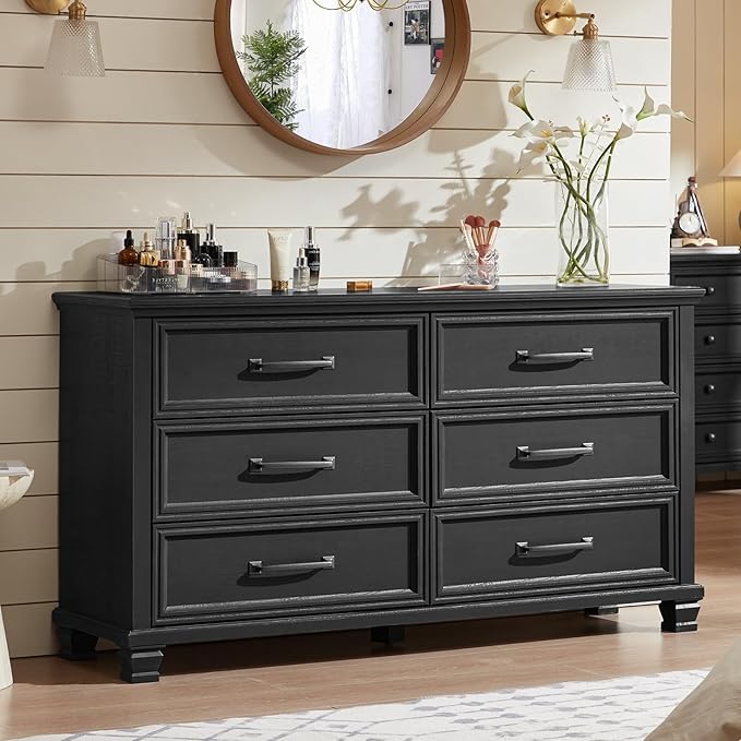 Farmhouse 6 Drawer Dresser for Bedroom, 54 inch Wide Rustic Vintage Chest of Drawers with Square Solid Wood Legs, Large TV Stand for Living Room, Wooden Storage Dressers for Hallway, Black