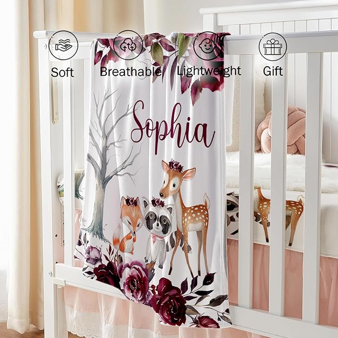 Custom Baby Crib Bedding Set - Rose Animal Design Personalized Name Baby Nursery Bedding 3 Pcs Set - Chic Soft Blanket, Fitted Sheet, Room Rug for Newborns Boys Girls Gifts