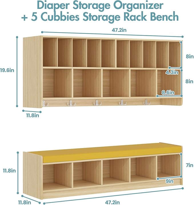 Wall Diaper Organizer for Daycares with Cubby Bench, Wooden Diaper Shelf with 5 Cubbies and 10 Small Storage, Daycare Cubbies for Nursery, Home, School