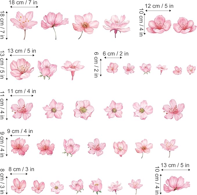 49 Pcs Cherry Blossom Flowers Vinyl Wall Stickers, Watercolor Sakura Floral Peel and Stick Wall Decals, DIY Wall Decor for Girls Bedroom Living Room Nursery