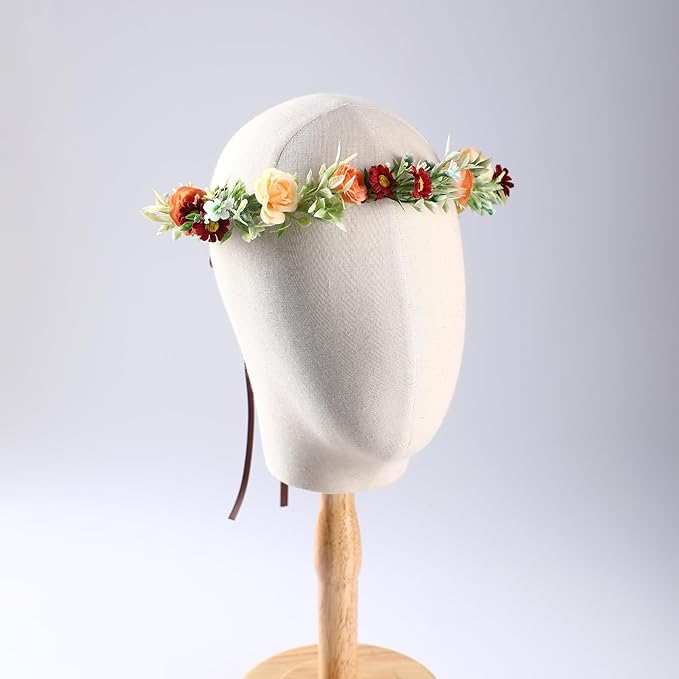 Floral Crown Women Girls - Orange Boho Floral Headpiece with White Green Leaves Charming Fairy Flower Headband for Wedding Photo Shoot Festivals