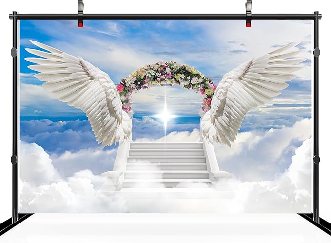12x10ft Angel Wings Backdrop Blooming Flowers Arch Door Stairs to Heaven Holy Light Clouds Blue Sky Background Baby Shower Prayer Church Party Decor Newborn Portrait Photo Booth Studio Props