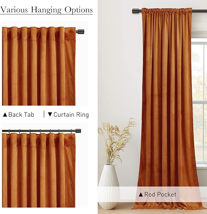 StangH 10 ft Orange Curtains for Holiday Backdrops, Super Soft Thick Velvet Room Darkening Window Curtains for Bedroom/Living Room Sliding Door/Villa, W52 x L120, 2 Panels