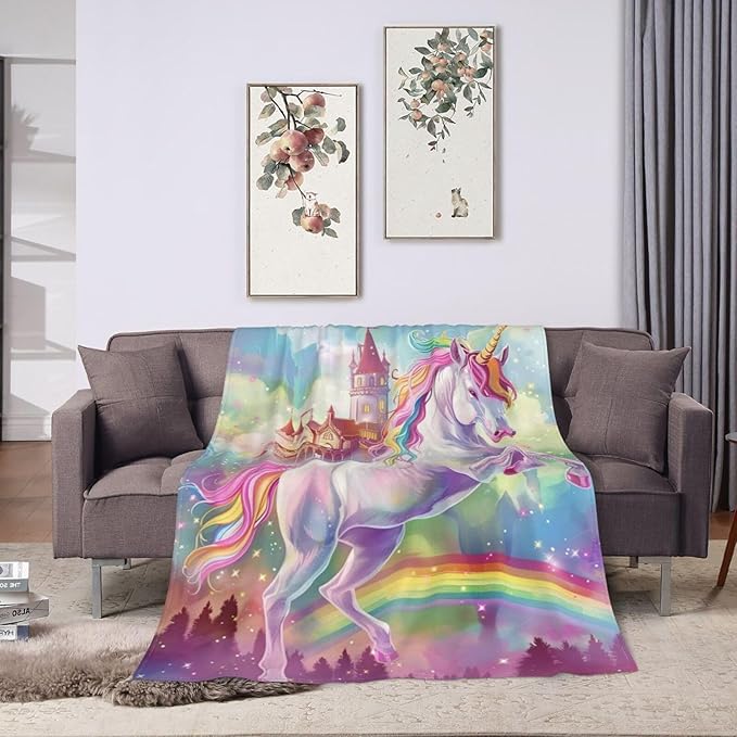 Unicorn Blanket Castle Rainbow Throw Blanket Pink Flannel Stuff Merch Cozy Decor Fleece Soft Plush Fuzzy Warm Lightweight Bedding Unicorn Lover Gifts for Kids Women Girl Boy Couch 60"X50"