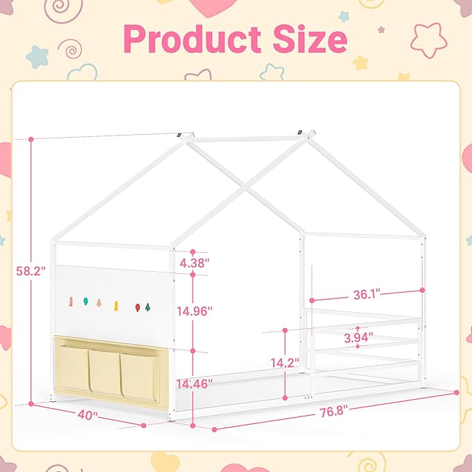 Weehom Twin Montessori House Bed for Kids with Storage Caddy and Pegboard, Floor Bed for Toddlers Boys Girls, No Box Spring Needed White