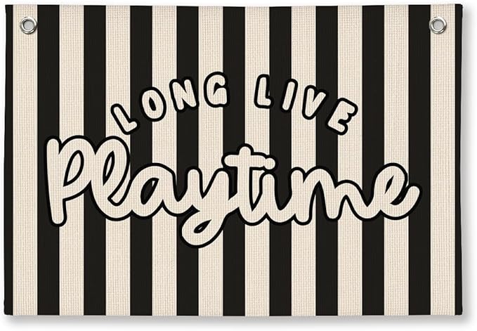 Playroom Decor, Long Live Playtime Wall Hanging Linen Banner, Blue Striped Wall Flag for Kids Room Nursery Playroom Decor, 20x30 Inch-Black