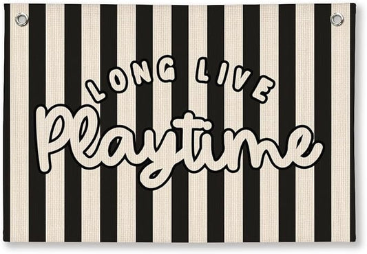 Playroom Decor, Long Live Playtime Wall Hanging Linen Banner, Blue Striped Wall Flag for Kids Room Nursery Playroom Decor, 20x30 Inch-Black