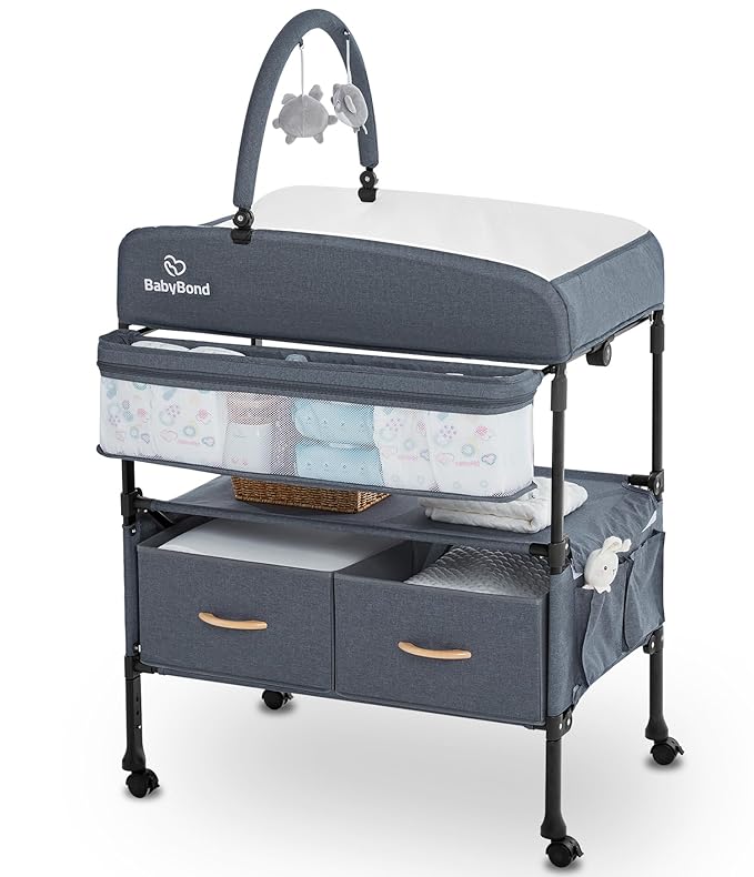 Portable Baby Changing Table with 2 Storage Baskets, BabyBond Foldable Changing Table Dresser Diaper Changing Table Height Adjustable Changing Station for Infant and Newborn(Grey)