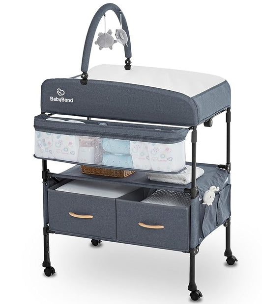 Portable Baby Changing Table with 2 Storage Baskets, BabyBond Foldable Changing Table Dresser Diaper Changing Table Height Adjustable Changing Station for Infant and Newborn(Grey)
