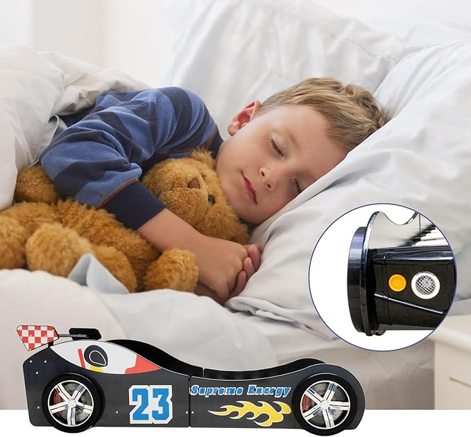 Race Car Twin Bed Frames for Kids, Wood Car-Shaped Bed Frame with Wheels LED Lights & Slat Support for Toddler, Teens, Boys or Girls (Race Car-Black)