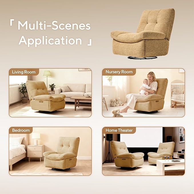 Nouhaus Swivel Rocking Chair Nursery, Oversized Glider Rocker Recliner Chairs with Footrest, USB & Type-C Ports, Rocking Recliner Chair for Nursery, Living Room (Snooze Classic, Autumn Brown)
