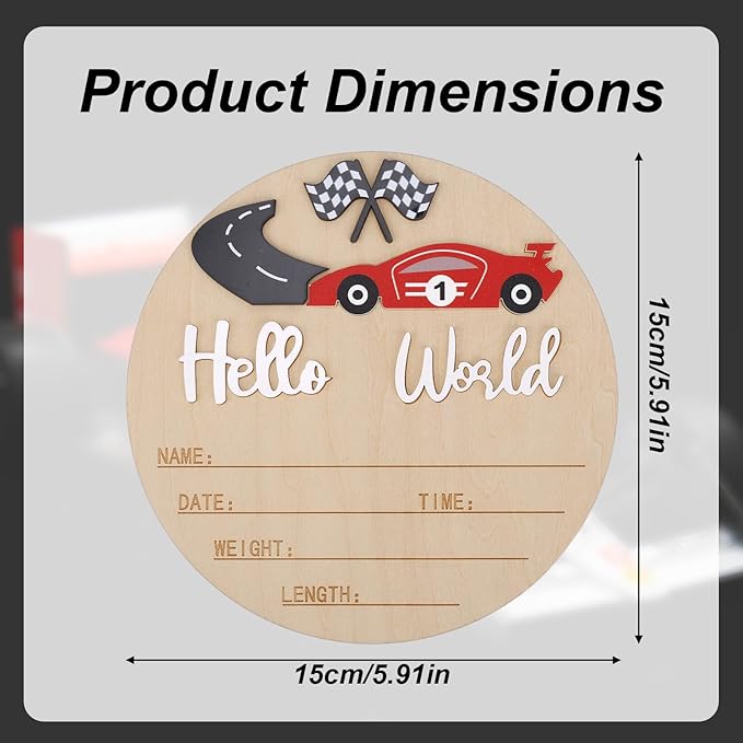 Baby Announcement Sign, 15cm/5.91in Wooden Hello World Newborn Bulletin Board with Pen Race Car & Checkered Flag Decor Welcome Birth Name Plaque for Home Hospital Nursery