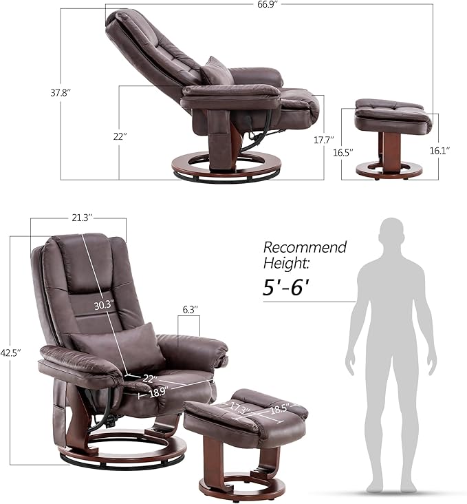 MCombo Swivel Recliner with Ottoman Chair, TV Chair Sets with Vibration Massage, for Small Space Living Room Bedroom 9096 9099 (Faux Leather, Dark Brown)