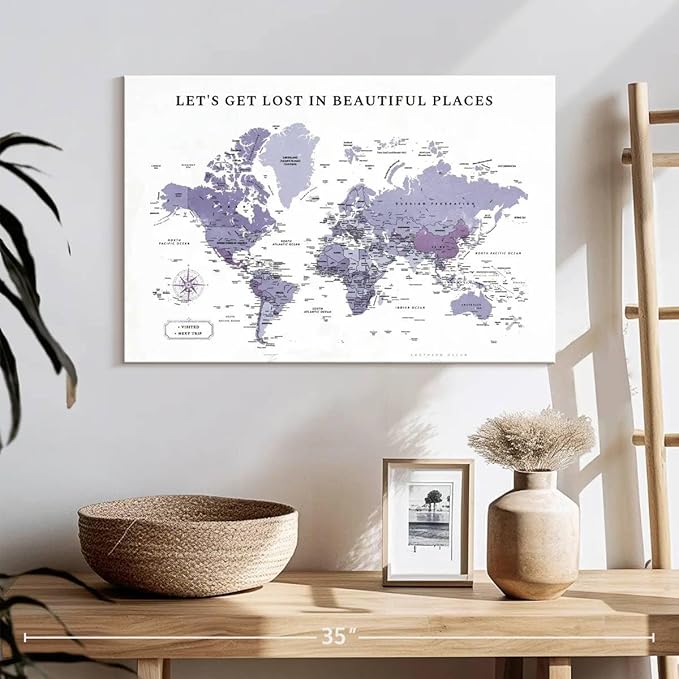 ElephantStock - Beautiful Places II Push Pin World Map Wall Art - Horizontal Canvas Wall Art - Living Room Wall Decor - Digital Art Map Canvas Art - White And Black Decor - 24" x 16"