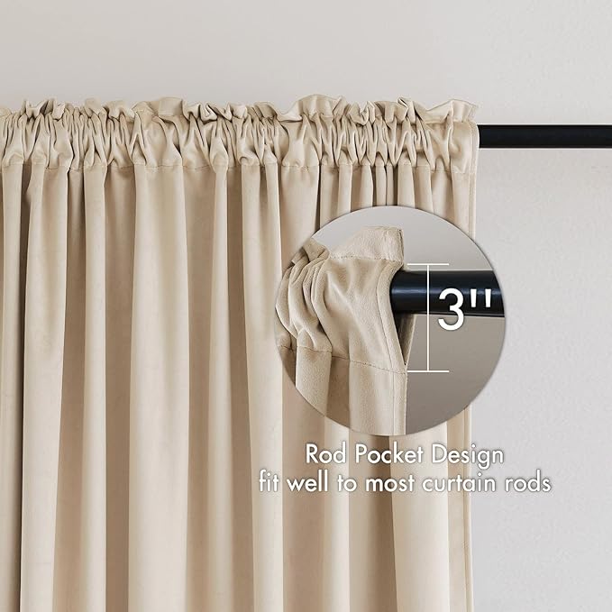 MIULEE Beige Velvet Curtains Thermal Insulated Blackout Curtain Drapes for Bedroom Living Room Darkening 96 Inches Long Curtains Panels Rod Pocket Set of 2