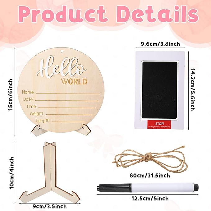Hello World Newborn Sign: Baby Announcement Wooden Name Sign with Footprint Marker and Stand - Perfect Birth Announcement for Newborns