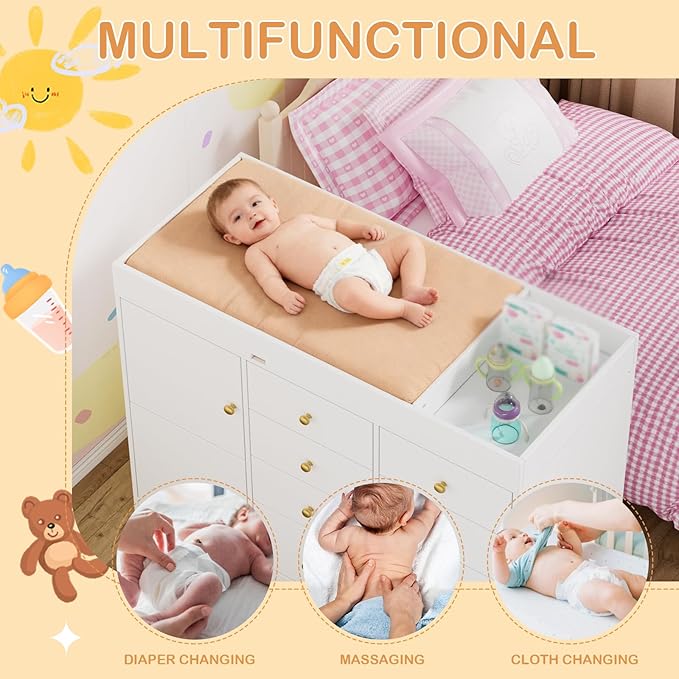 PAKASEPT Changing Table Dresser, Baby Classic Nursery Dresser with 8 Drawers and 2 Cabinet, Multi-Functional Baby Changing Table, Diaper Changing Station for Children's Room