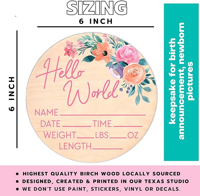 Hello World Newborn Sign - Baby Name Birth Announcement Plaque for Hospital - Photo Prop - Floral Pink Nursery Decor - Shower Gift