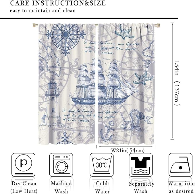 Nautical Sailboat Map Curtain,Ship Compass Lighthouse Anchor Decorative Curtain Polyester Fabric Waterproof Bedroom Curtain Set 2 Panels,42x54 Inches