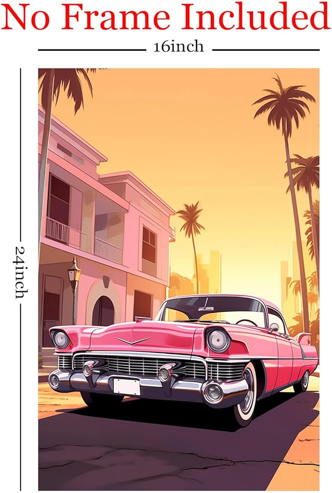 Pink Car Canvas Palm Tree Artwork Southwestern Canvas Wall Prints Pink Desert Painting Desert Mountain Wall Art Vintage Summer Poster Trendy Preppy Painting Summer Aesthetic Prints 16x24inch Frameless