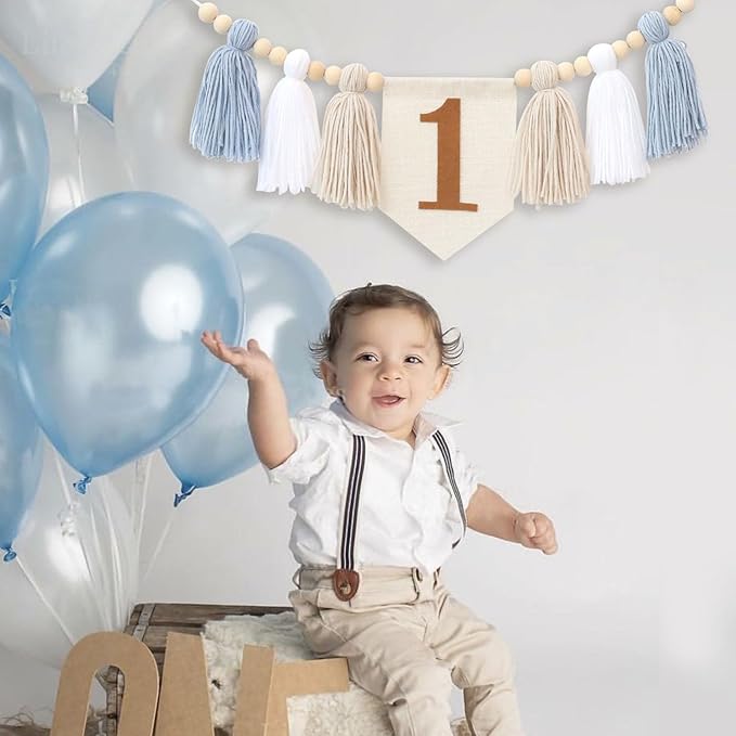 Boho Blue Handmade 1st Birthday High Chair Banner First Highchair Banner For Baby Boys Wild One Wall Hangings Wood Bead Tassel Garland 1 Birthday Party Decorations Photoshoot Props Photo Props