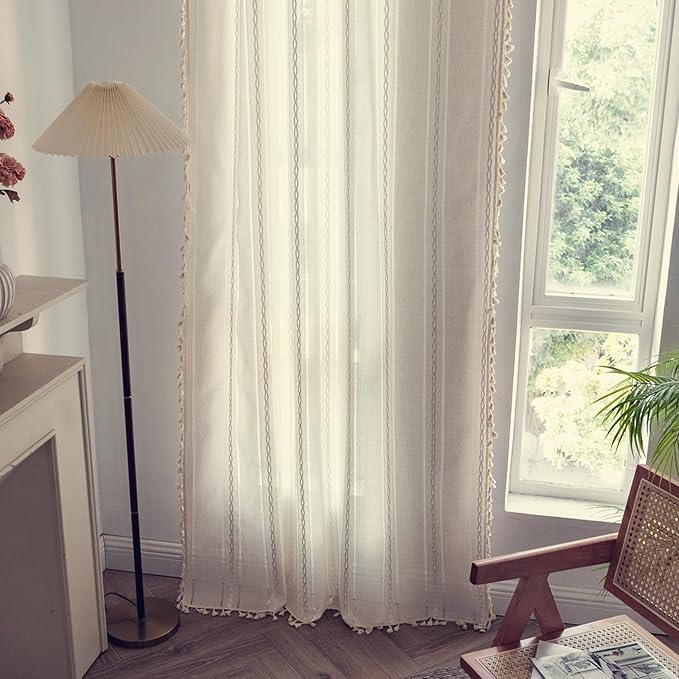 Deeprove Ivory Boho Curtains for Bedroom 84 Inches Long, Bohemian Chic Textured Embroidery Overlapping, Vintage Handmade Tassels Country Decor Drapery, Rod Pocket, 1 Panel W52 x L84