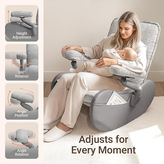 MAMAZING Nursery Rocking Chair Glider with Adjustable Armrests for Breastfeeding, Upholstered Nursing Chair with Removable Cover for Mom and Baby(Grey/Grey)