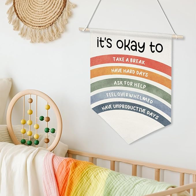 It's Okay To Wall Hanging Banner,Mental Health Rainbow Canvas Poster for Kids Teens Classroom Decor, Self-Care Quote for Therapy Office, Counselor Room, Bedroom or Nursery, 11x16 Inch(KD32)