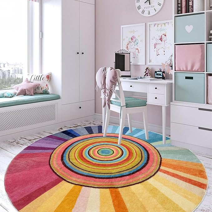 Kids Rug 6Ft Round Girls Bedroom Carpet Colorful Circle Sun Rug Rainbow Nursery Mat Modern Abstract Playroom Bedside Area Rug for Children Indoor Home Decor