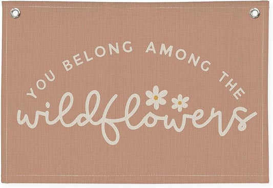 Girls Room Decor, Wildflower Baby Girl Nursery Decor, Baby Shower Pink Linen Canvas Banner, Wall Hanging Banner Flag 20x30 Inch