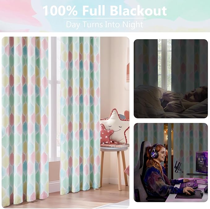 Full Blackout Curtains 95 Inches Long 2 Panels Colorful Moroccan Geo Lattice Drapes Room Darkening Thermal Insulated Grommet Window Treatments Sets for Nursery Girl Baby Bedroom, 52" W
